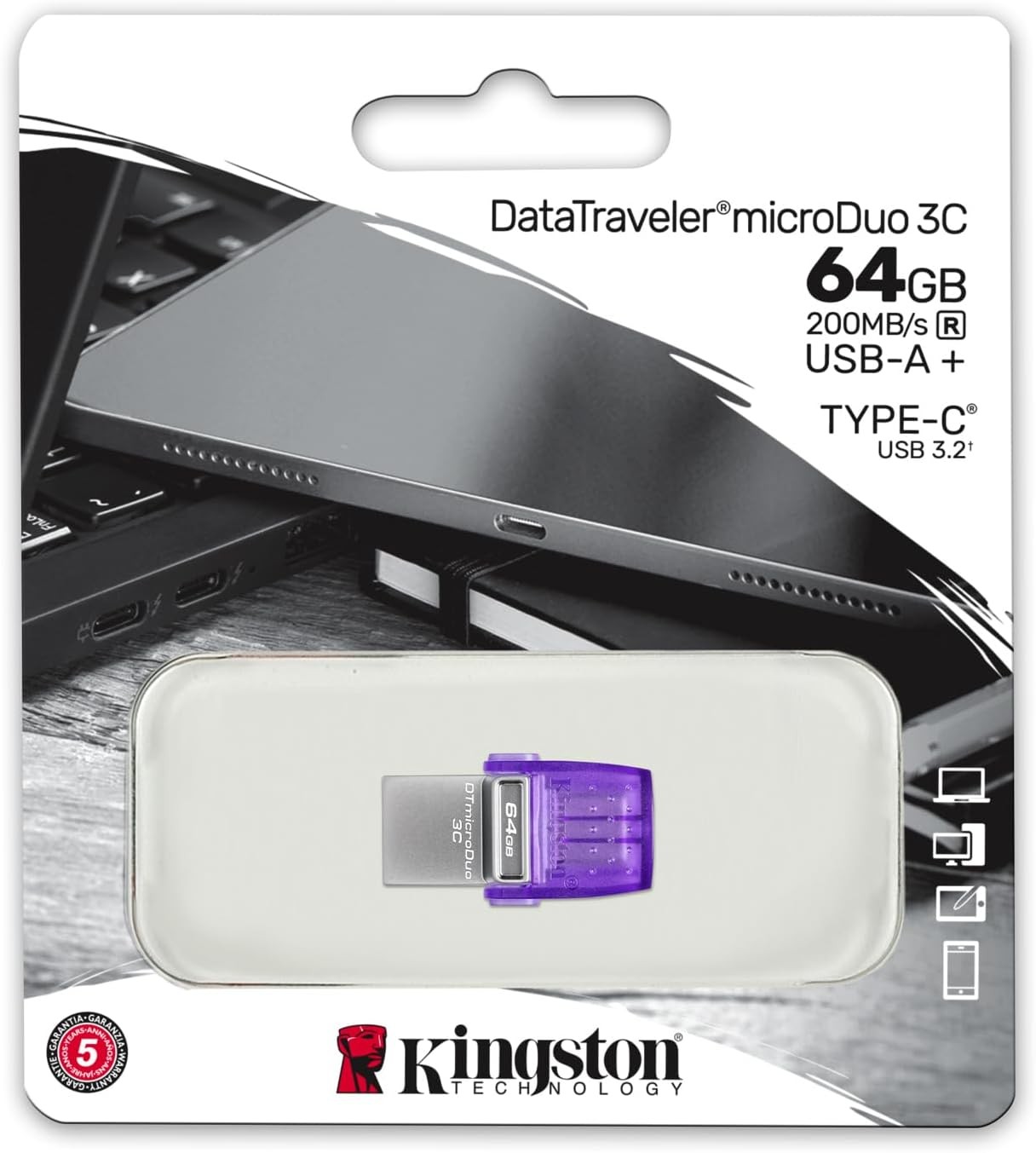 Kingston DataTraveler microDuo 3C 64GB USB-C & USB-A Flash Drive ,Purple/Silver - DTDUO3CG3/64GB