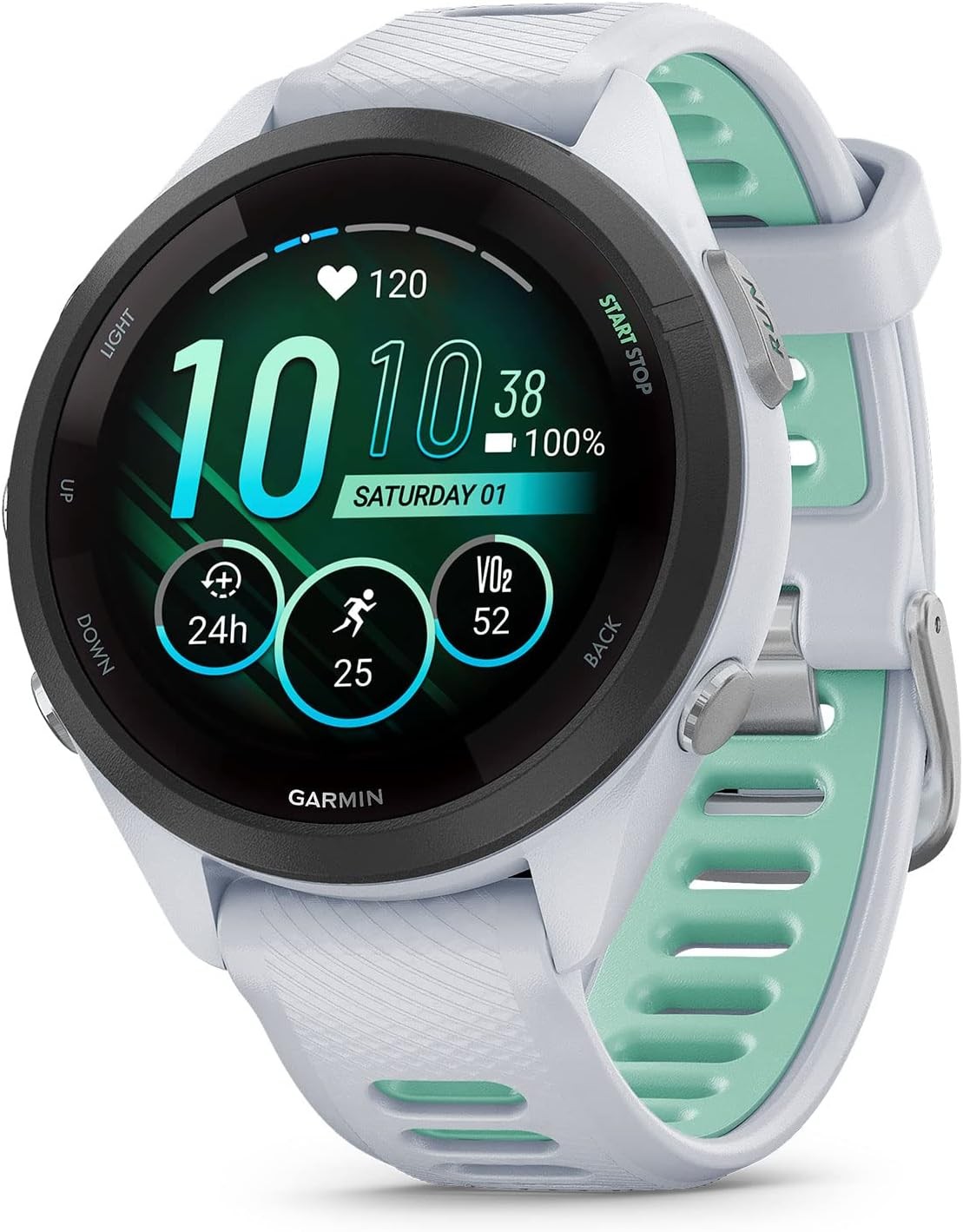 Garmin Forerunner 265S Running Smartwatch, Colorful AMOLED Display, Training Metrics and Recovery Insights, Whitestone and Neo Tropic 42 mm - 010-02810-14