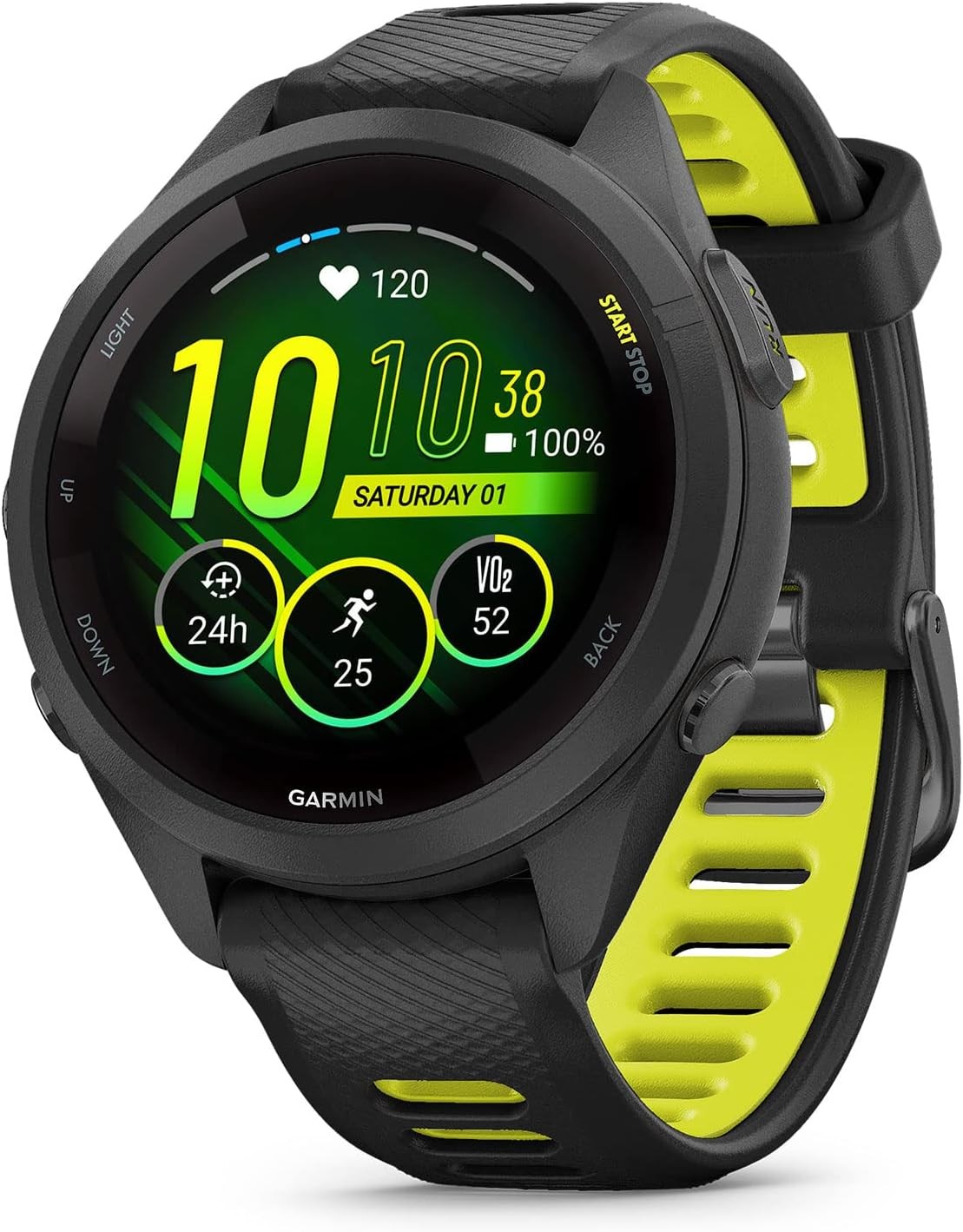 Garmin Forerunner 265S Running Smartwatch, Colorful AMOLED Display, Training Metrics and Recovery Insights, Black and Amp Yellow, 42 mm - 010-02810-13